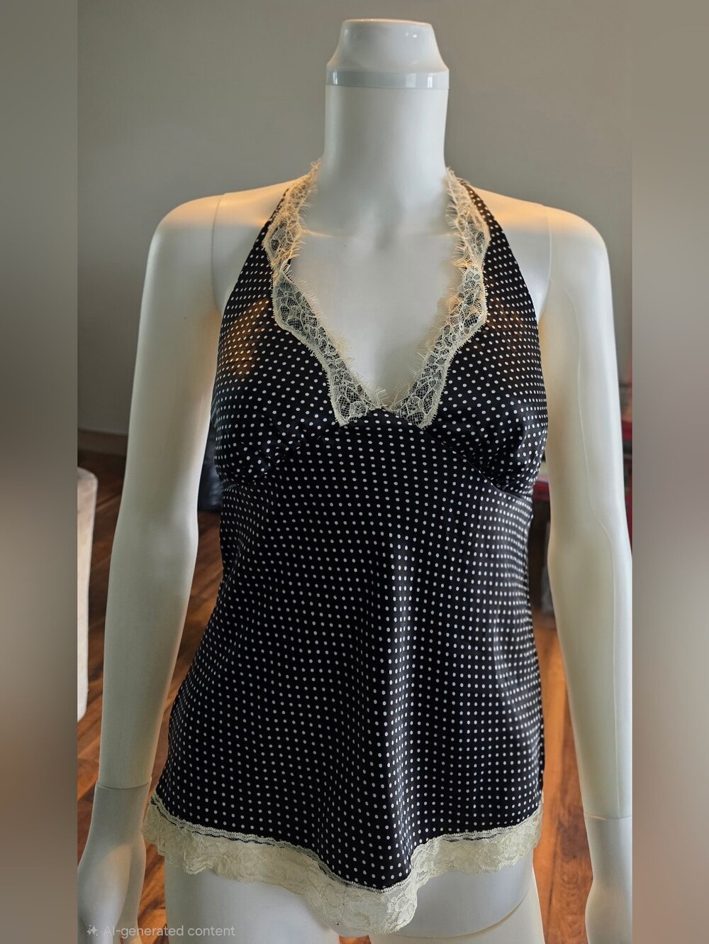 Black Polka Dot Lace Trim Halter Cami